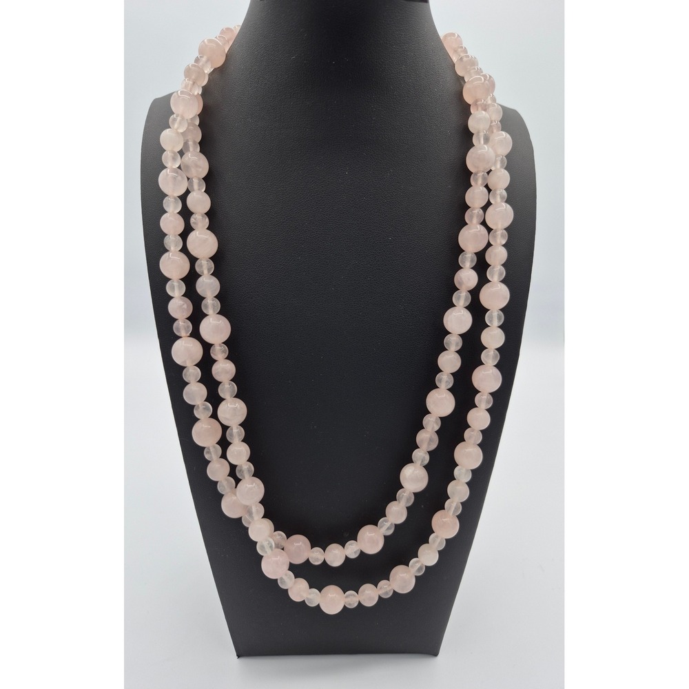 Vintage Rose Quartz Bead Necklace Pink Long Single Strand Layering Endless